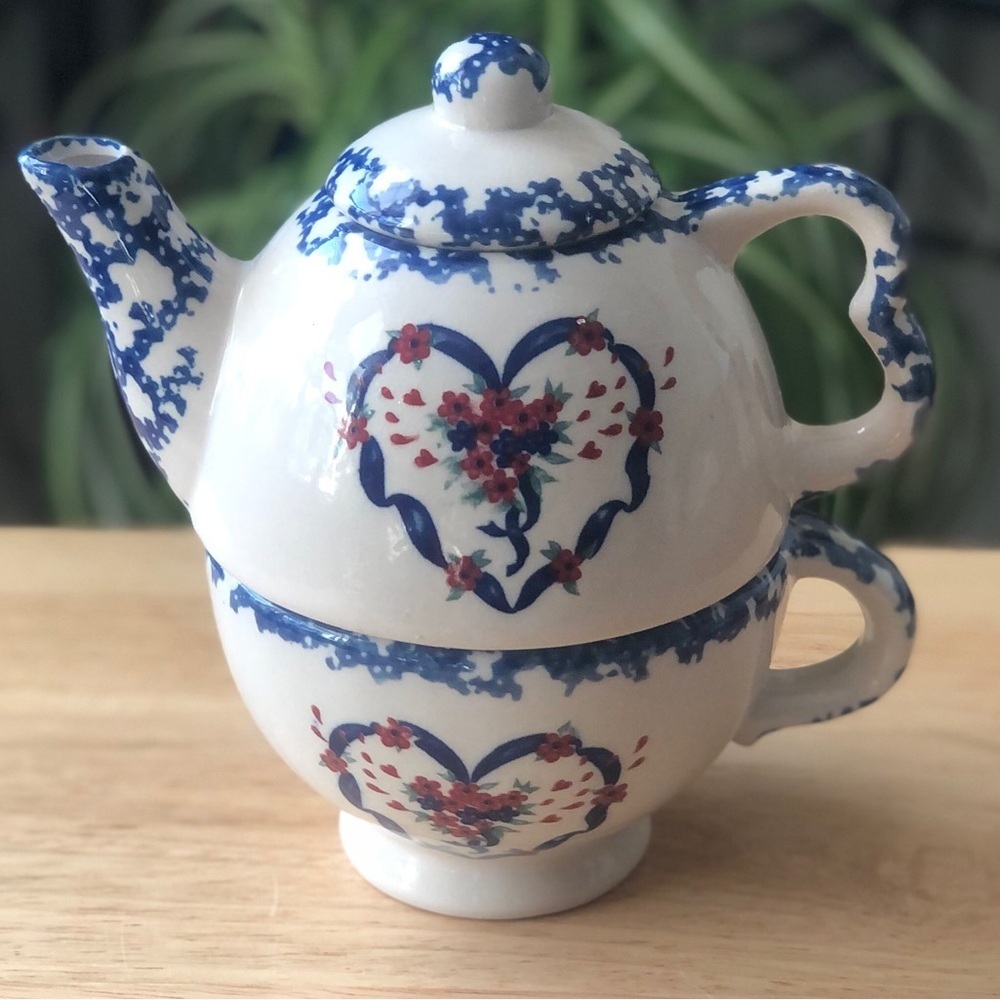 Nantucket Country Hearts Stacking Tea Pot & Cup 16oz Tea for One Vintage Ceramic - Picture 15 of 16